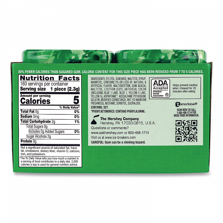 Ice Cubes Spearmint Sugar-Free Gum, Spearmint, 40 Cubes/Bottle, 4 Bottles/Carton (22002651)