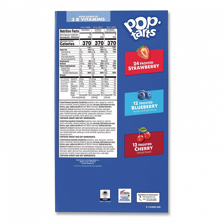 Pop Tarts, Assorted Flavors: Strawberry, Blueberry Cherry, 5 lb 1.2 oz Box, 48 Pastries/Carton (22002628)