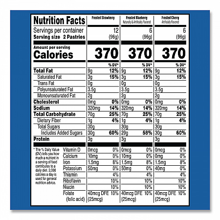 Pop Tarts, Assorted Flavors: Strawberry, Blueberry Cherry, 5 lb 1.2 oz Box, 48 Pastries/Carton (22002628)
