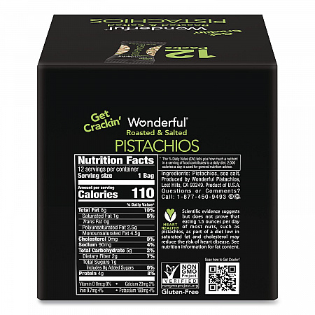 Wonderful Pistachios In Shell Roasted and Salted, 1.5 oz Bag, 12 Bags/Box (70217)