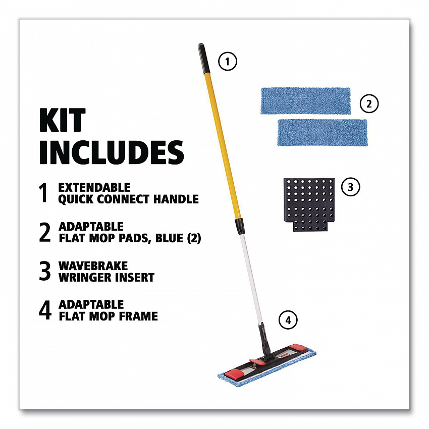 Adaptable Flat Mop Kit, 19.5 x 5.5 Blue Microfiber Head, 48" to 72" Yellow Aluminum Handle (2132426)