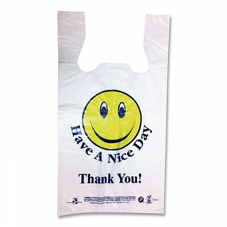 Smiley Face Shopping Bags, Thank You - Have a Nice Day Labeling, Cut-Out Handles, 11.5