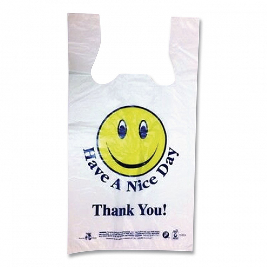 Smiley Face Shopping Bags, Thank You - Have a Nice Day Labeling, Cut-Out Handles, 11.5" x 6.5" x 21", White/Red, 900/Carton (T16SMILEY)