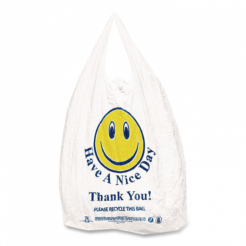 Smiley Face Shopping Bags, Thank You - Have a Nice Day Labeling, Cut-Out Handles, 11.5" x 6.5" x 21", White/Red, 900/Carton (T16SMILEY)