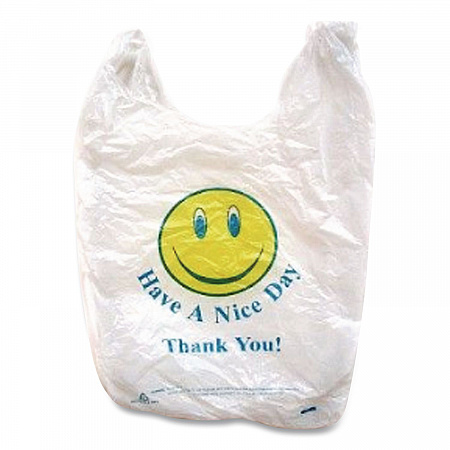 Smiley Face Shopping Bags, Thank You - Have a Nice Day Labeling, Cut-Out Handles, 11.5