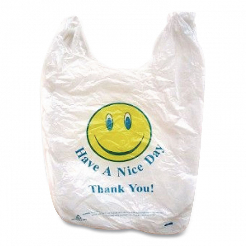 Smiley Face Shopping Bags, Thank You - Have a Nice Day Labeling, Cut-Out Handles, 11.5" x 6.5" x 21", White/Red, 900/Carton (T16SMILEY)