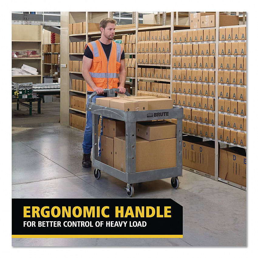 BRUTE Heavy-Duty Ergo Handle Utility Cart, Plastic, 2 Shelves, 750 lb Capacity, 26" x 55" x 33.25", Gray (2192463)