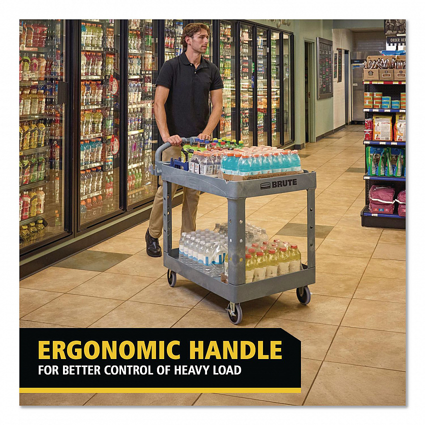 BRUTE Heavy-Duty Ergo Handle Utility Cart, Plastic, Two Shelves, 500 lb Capacity, 25.5" x 44" x 39", Gray (2192464)