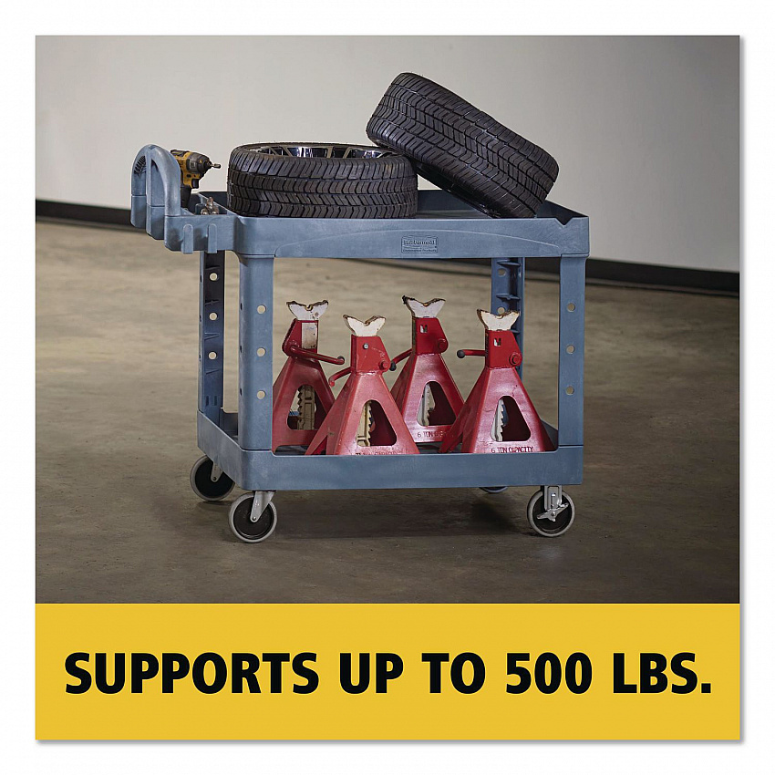 BRUTE Heavy-Duty Ergo Handle Utility Cart, Plastic, Two Shelves, 500 lb Capacity, 25.5" x 44" x 39", Gray (2192464)