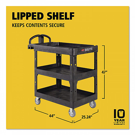 BRUTE 3-Shelf Heavy-Duty Ergo Lipped Utility Cart, Resin, 3 Shelves, 600 lb Capacity, 25.24