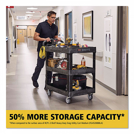 BRUTE 3-Shelf Heavy-Duty Ergo Lipped Utility Cart, Resin, 3 Shelves, 600 lb Capacity, 25.24