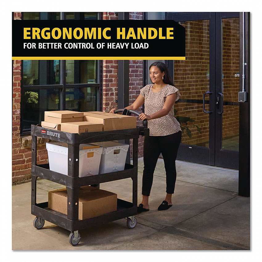 BRUTE 3-Shelf Heavy-Duty Ergo Lipped Utility Cart, Resin, 3 Shelves, 600 lb Capacity, 25.24" x 44" x 47", Black (2196862)