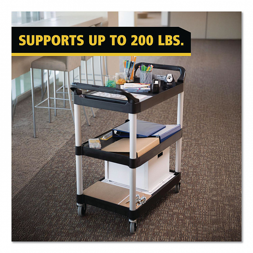Three-Shelf Service Cart, Plastic, 3 Shelves, 200 lb Capacity, 18.63" x 33.63" x 37.75", Black (342488BLA)