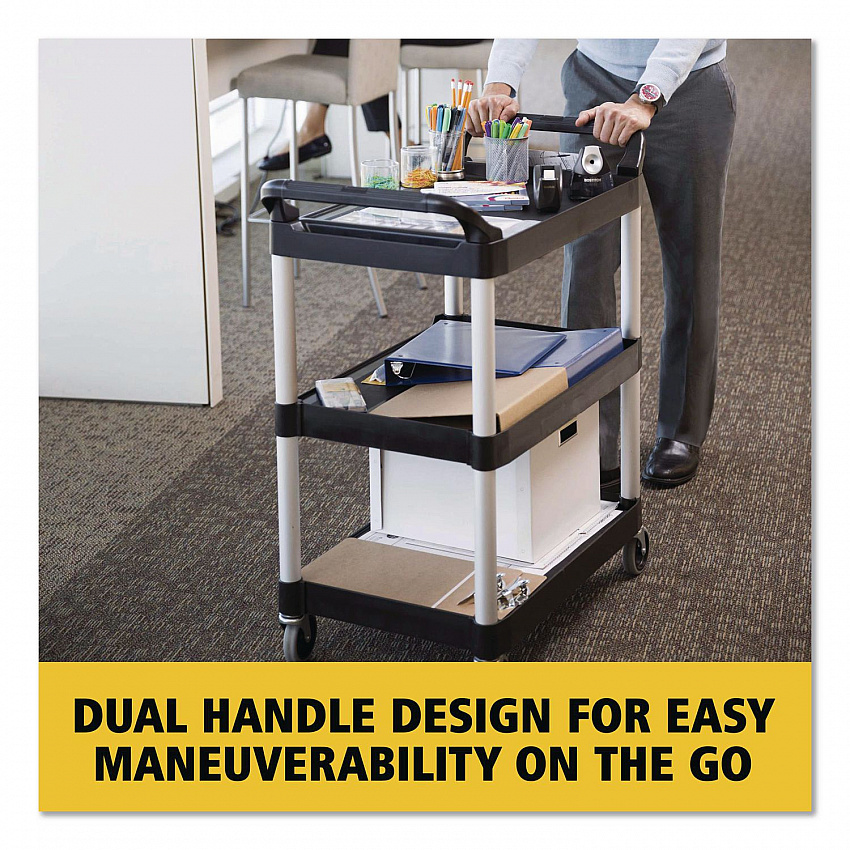 Three-Shelf Service Cart, Plastic, 3 Shelves, 200 lb Capacity, 18.63" x 33.63" x 37.75", Black (342488BLA)
