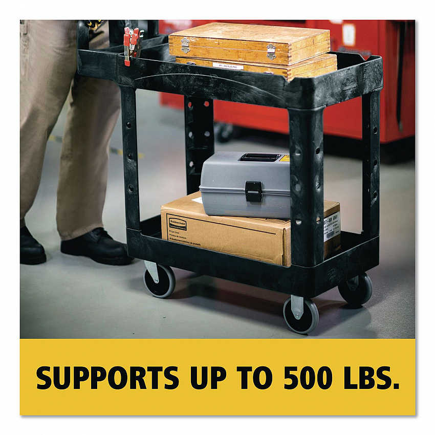 BRUTE Heavy-Duty Utility Cart with Lipped Shelves, Plastic, 2 Shelves, 500 lb Capacity, 17.13" x 38.5" x 38.88", Black (450088BK)