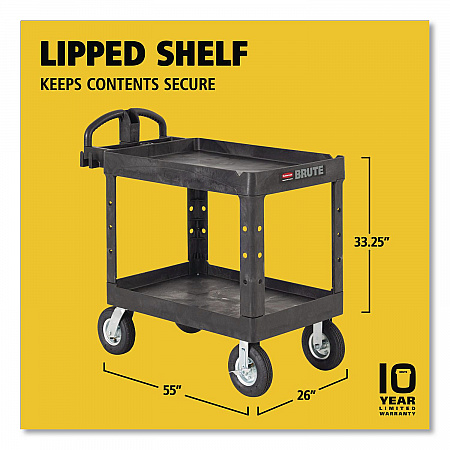 BRUTE Heavy-Duty Utility Cart with Lipped Shelves, Plastic, 2 Shelves, 500 lb Capacity, 25.88