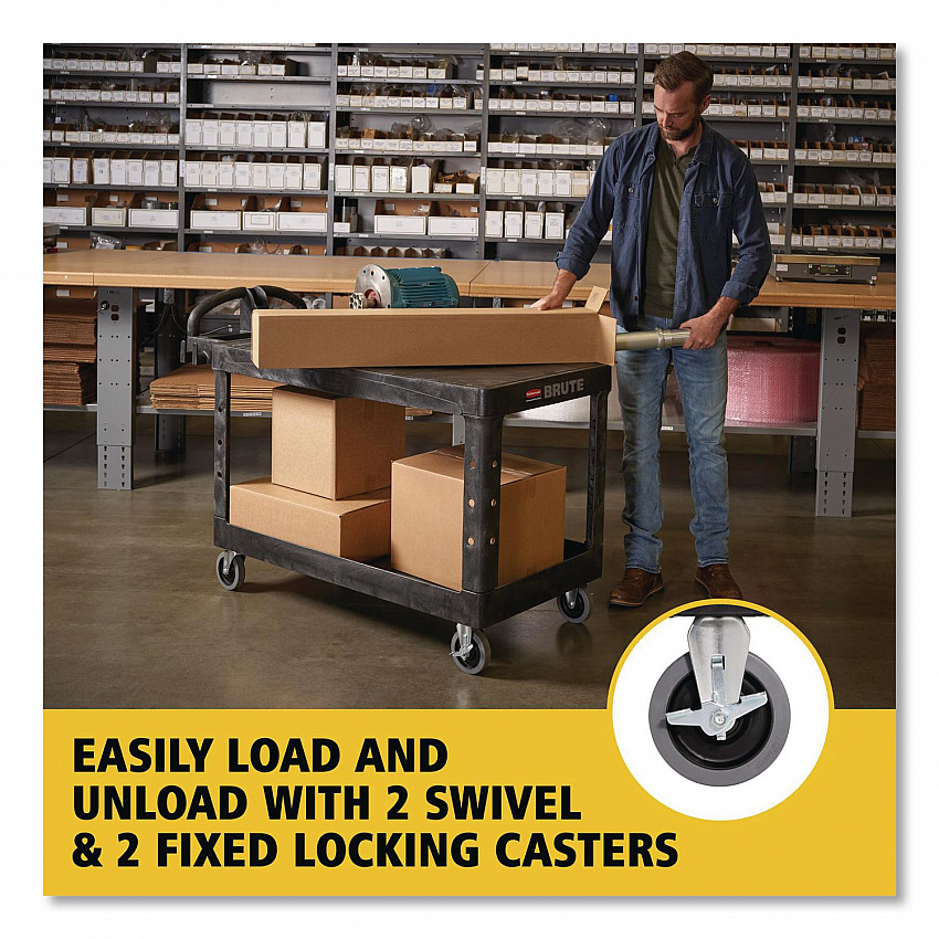Heavy-Duty Utility Cart with Flat Shelves, Plastic, 2 Shelves, 500 lb Capacity, 25.25" x 54" x 36", Black (4545BLA)