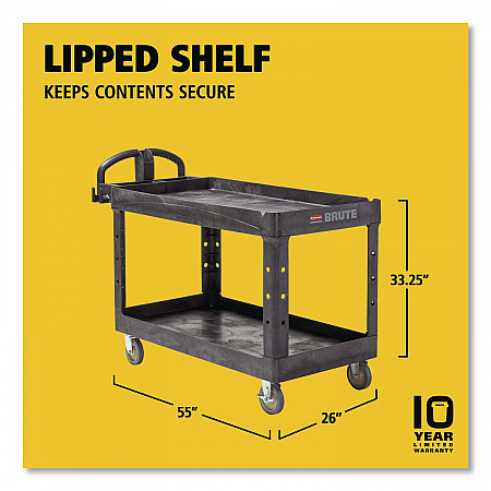 BRUTE Heavy-Duty Utility Cart with Lipped Shelves, Plastic, 2 Shelves, 750 lb Capacity, 26