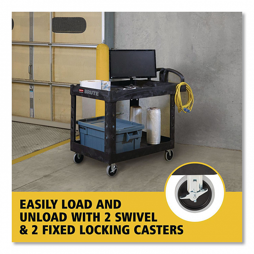 BRUTE Heavy-Duty Utility Cart with Lipped Shelves, Plastic, 2 Shelves, 750 lb Capacity, 26" x 55" x 33.25", Black (4546BLA)
