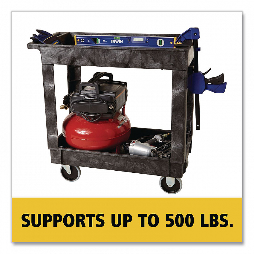 Heavy-Duty Flat-Handle Maintenance/Utility Cart, Plastic, 2 Shelves, 500 lb Capacity, 34.13" x 17.38" x 32.38", Black (9T6600BLA)