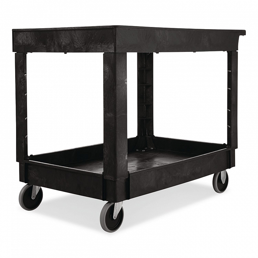 Heavy-Duty Flat-Handle Maintenance/Utility Cart, Plastic, 2 Shelves, 500 lb Capacity, 24" x 40" x 31.25", Black (9T6700BLA)