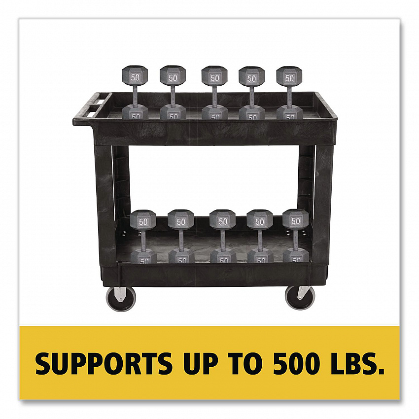 Heavy-Duty Flat-Handle Maintenance/Utility Cart, Plastic, 2 Shelves, 500 lb Capacity, 24" x 40" x 31.25", Black (9T6700BLA)