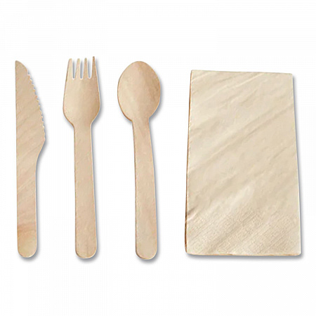 Pre-Rolled Caterwrap Kraft Napkins with Wood Cutlery, Fork/Knife/Napkin/Spoon, Plastic, Brown, 100/Carton (120030)