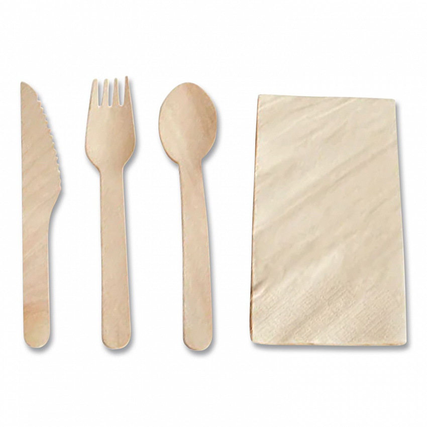 Pre-Rolled Caterwrap Kraft Napkins with Wood Cutlery, Fork/Knife/Napkin/Spoon, Plastic, Brown, 100/Carton (120030)