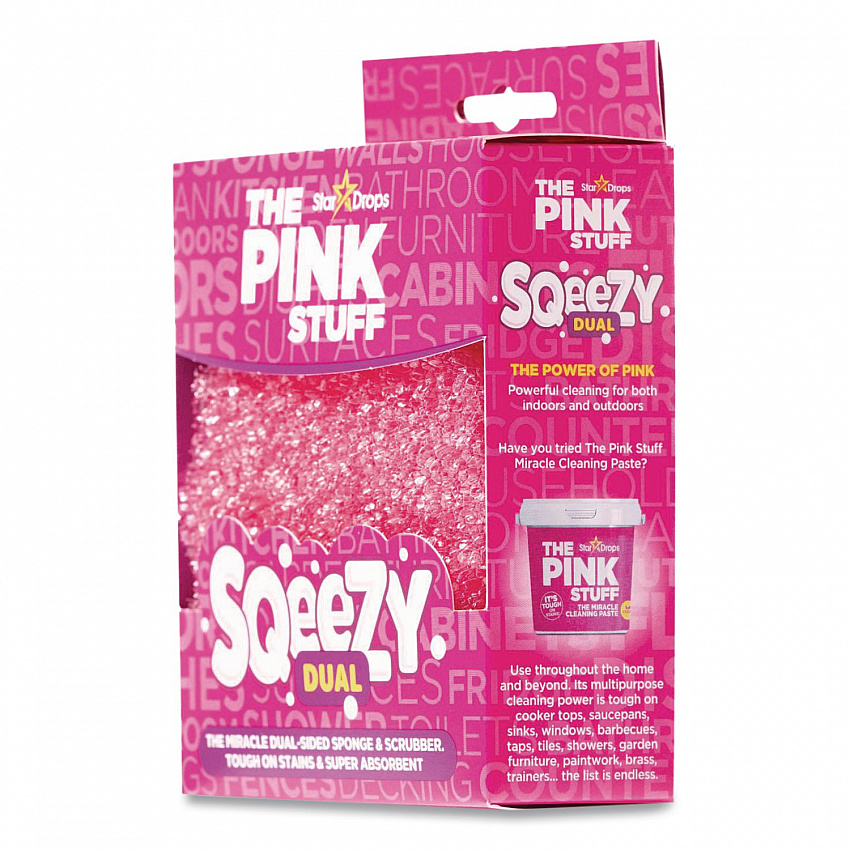 Sqeezy Dual-Sided Sponge and Scrubber, 4" x 5.3", 3.8" Thick, Pink/Ivory (823773)