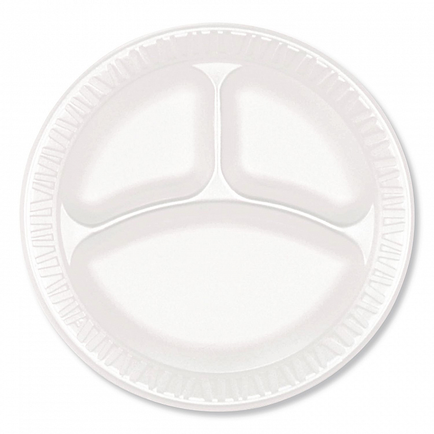 Foam Dinnerware, 3-Compartment Plate, 9" dia, White, 125/Sleeve, 4 Sleeves/Pack (12201)