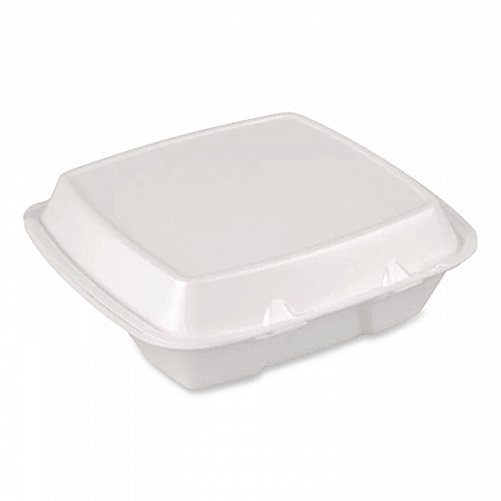 Foam Hinged Lid Container, Secure Two Tab Latch, Poly Bag, 9 x 9 x 3, White, 100/Bag, 2 Bags/Carton (12095)