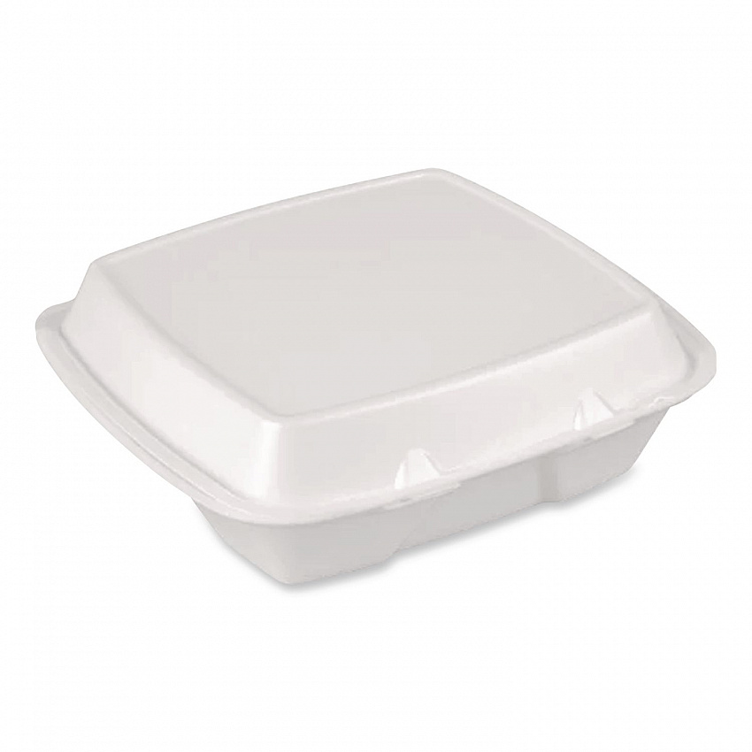 Foam Hinged Lid Container, Secure Two Tab Latch, Poly Bag, 9 x 9 x 3, White, 100/Bag, 2 Bags/Carton (12095)