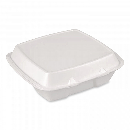 Foam Hinged Lid Container, Secure Two Tab Latch, Poly Bag, 3 Compartments, 9 x 9 x 3, White, 100/Bag, 2 Bags/Carton (12094)