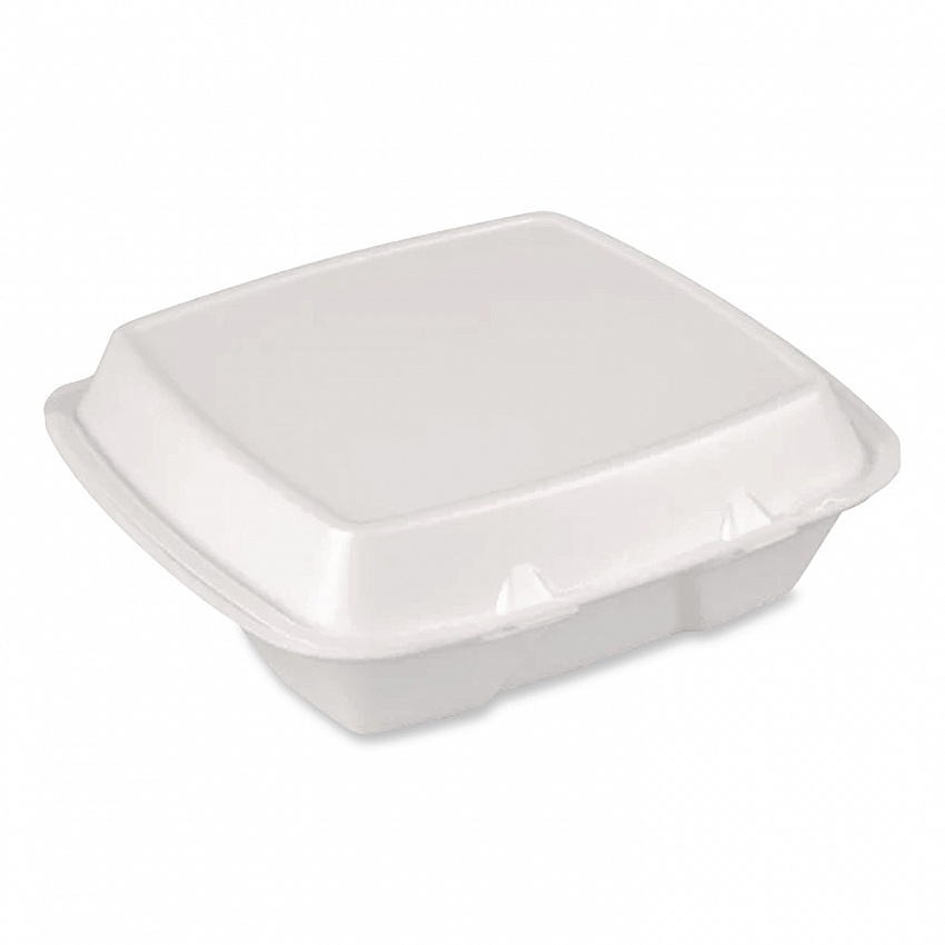 Foam Hinged Lid Container, Secure Two Tab Latch, Poly Bag, 3 Compartments, 9 x 9 x 3, White, 100/Bag, 2 Bags/Carton (12094)