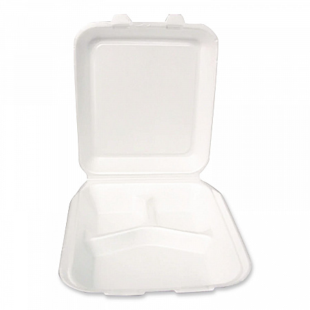 Foam Hinged Lid Container, Secure Two Tab Latch, Poly Bag, 3 Compartments, 9 x 9 x 3, White, 100/Bag, 2 Bags/Carton (12094)