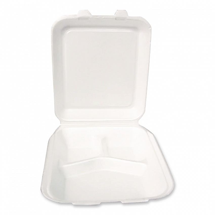 Foam Hinged Lid Container, Secure Two Tab Latch, Poly Bag, 3 Compartments, 9 x 9 x 3, White, 100/Bag, 2 Bags/Carton (12094)
