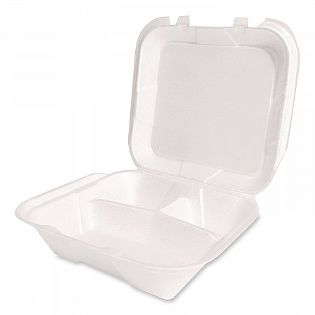 Foam Hinged Lid Container, Secure Two Tab Latch, Poly Bag, 3 Compartments, 9 x 9 x 3, White, 100/Bag, 2 Bags/Carton (12094)