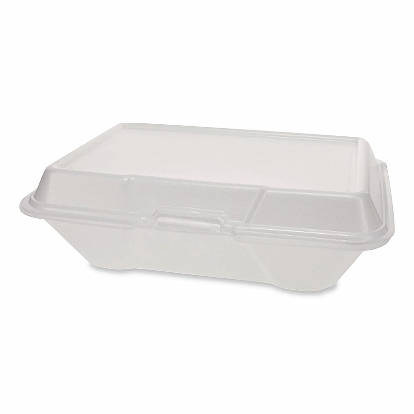 Foam Hinged Lid Container, Secure Two Tab Latch, Poly Bag, 8 x 8.56 x 2.76, White, 100/Sleeve, 2 Sleeves/Bag, 1 Bag/Pack (12091)