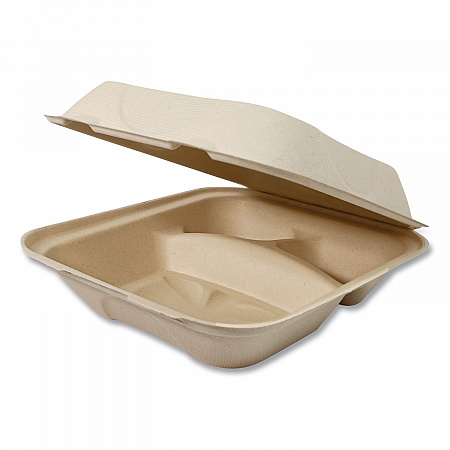 Fiber Hinged Takeout Containers, 3 Compartments, 8.8 x 8.2 x 2.9, Natural, Paper, 300/Carton (TOSCU8TLFP)
