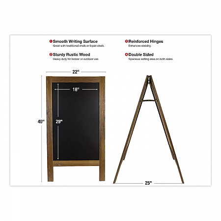 Indoor/Outdoor A-Frame Sidewalk Sign, Black 18 x 29 Surface, Brown Frame, 22 x 25 x 40 (GPP0001S)