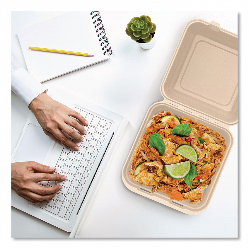 Compostable Molded Fiber Hinged Trays, ProPlanet Seal, 9.14 x 9 x 2.98, Natural, 200/Carton (90FBRHT1)
