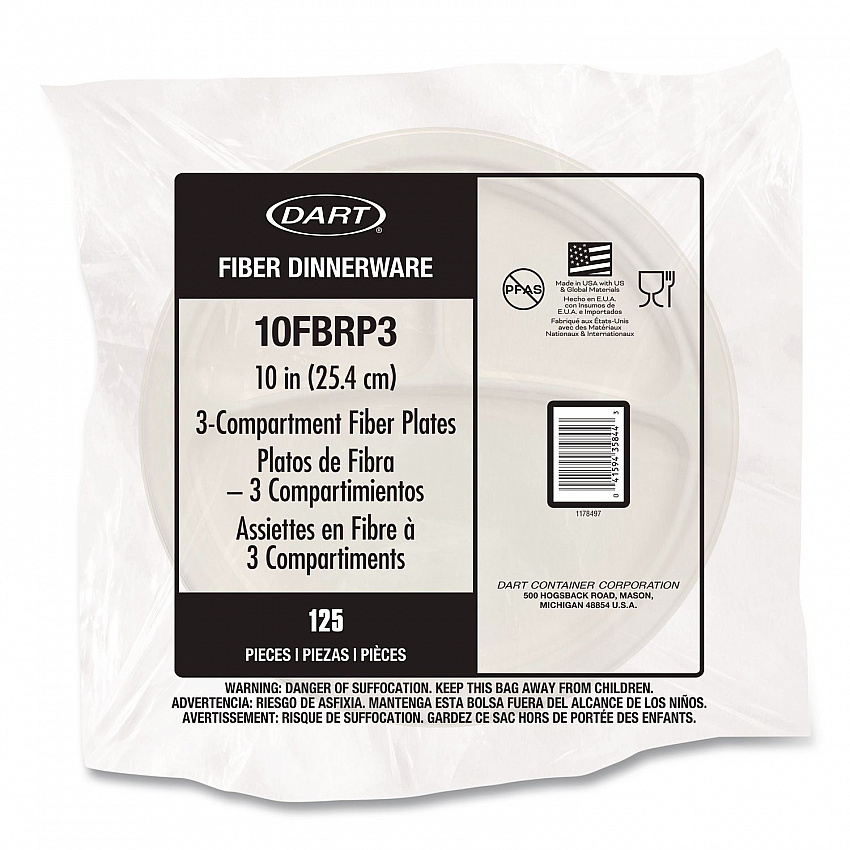 Compostable Molded Fiber Dinnerware, ProPlanet Seal, 3-Compartment Plate, 10.2" dia, Natural, 500/Carton (10FBRP3)