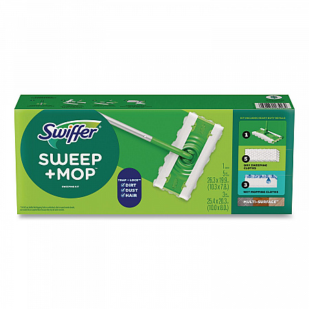 Sweep and Mop 2-in-1 Dry + Wet Floor Mopping and Sweeping Kit, 12.4 x 2.95 Mop Head, Silver Plastic Handle (16516KT)