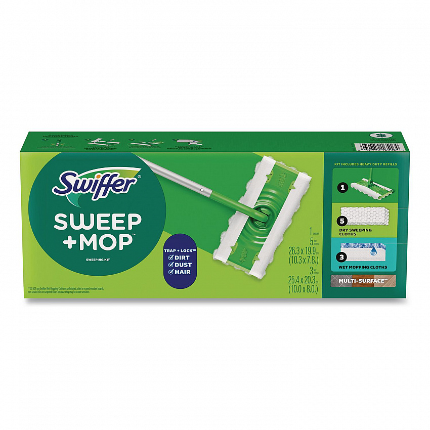 Sweep and Mop 2-in-1 Dry + Wet Floor Mopping and Sweeping Kit, 12.4 x 2.95 Mop Head, Silver Plastic Handle (16516KT)