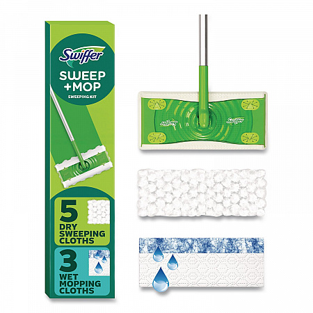 Sweep and Mop 2-in-1 Dry + Wet Floor Mopping and Sweeping Kit, 12.4 x 2.95 Mop Head, Silver Plastic Handle (16516KT)