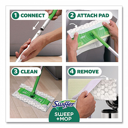 Sweep and Mop 2-in-1 Dry + Wet Floor Mopping and Sweeping Kit, 12.4 x 2.95 Mop Head, Silver Plastic Handle (16516KT)