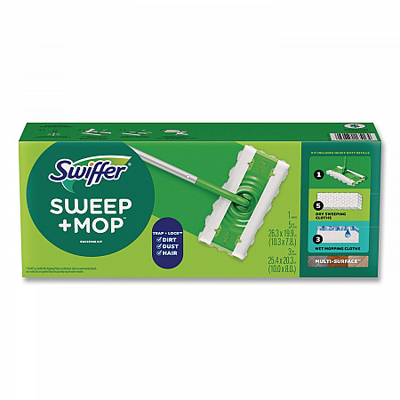 Sweep and Mop 2-in-1 Dry + Wet Floor Mopping and Sweeping Kit, 12.4 x 2.95 Mop Head, Silver Plastic Handle, 6/Carton (16516CT)