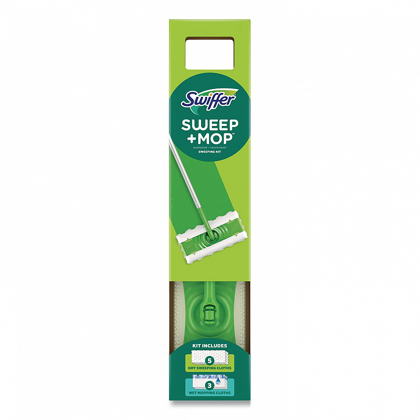 Sweep and Mop 2-in-1 Dry + Wet Floor Mopping and Sweeping Kit, 12.4 x 2.95 Mop Head, Silver Plastic Handle, 6/Carton (16516CT)