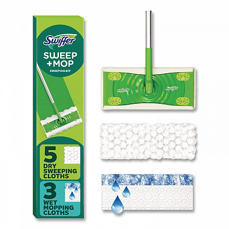 Sweep and Mop 2-in-1 Dry + Wet Floor Mopping and Sweeping Kit, 12.4 x 2.95 Mop Head, Silver Plastic Handle, 6/Carton (16516CT)