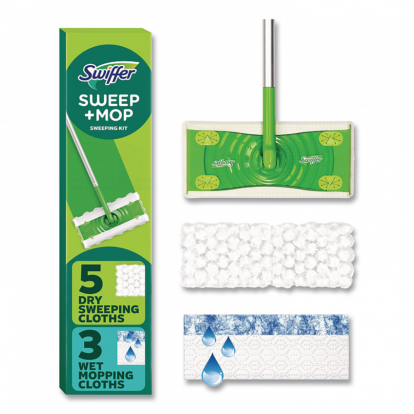 Sweep and Mop 2-in-1 Dry + Wet Floor Mopping and Sweeping Kit, 12.4 x 2.95 Mop Head, Silver Plastic Handle, 6/Carton (16516CT)
